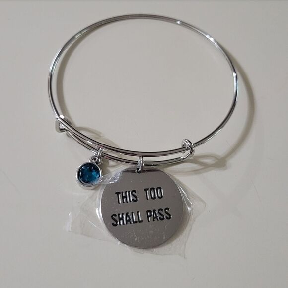 This Too Shall Pass Silver Bangle Bracelet with Accent Blue Zircon Charm - Picture 4 of 9